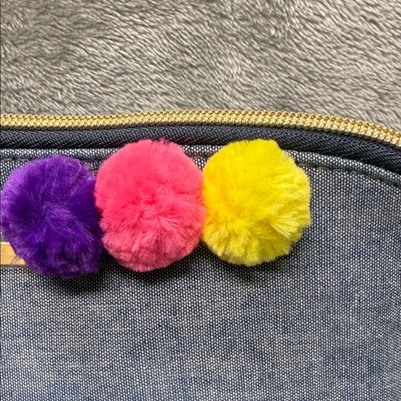 Kestrel Denim Cosmetic Bag with Colorful Pom Poms - Picture 4 of 8